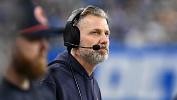 Nov 28, 2024; Detroit, Michigan, USA; Chicago Bears head coach Matt Eberflus looks at the scoreboard during their game against the Detroit Lions in the first quarter at Ford Field. Mandatory Credit: Lon Horwedel-Imagn Images