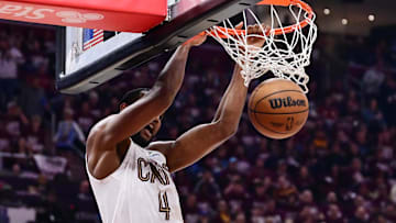 May 4, 2025; Cleveland, Ohio, USA; Cleveland Cavaliers forward Evan Mobley (4) dunks during the second half against the Indiana Pacers in game one of the second round for the 2025 NBA Playoffs at Rocket Arena. Mandatory Credit: Ken Blaze-Imagn Images