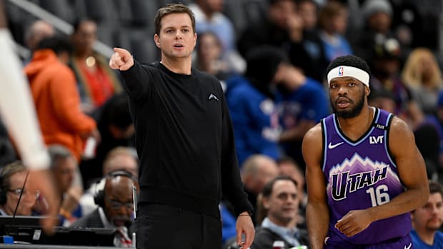 Nov 5, 2025; Detroit, Michigan, USA; Utah Jazz head coach Will Hardy gives instructions to his team during the first quarter 