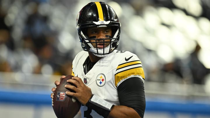 Aug 24, 2024; Detroit, Michigan, USA;  Pittsburgh Steelers quarterback Russell Wilson (3) warms up before their game against the Detroit Lions at Ford Field. Mandatory Credit: Lon Horwedel-USA TODAY Sports