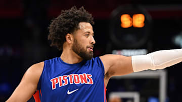 Oct 16, 2025; Detroit, Michigan, USA;  Detroit Pistons guard Cade Cunningham (2) warms up before their game against the Washington Wizards at Little Caesars Arena. Mandatory Credit: Lon Horwedel-Imagn Images