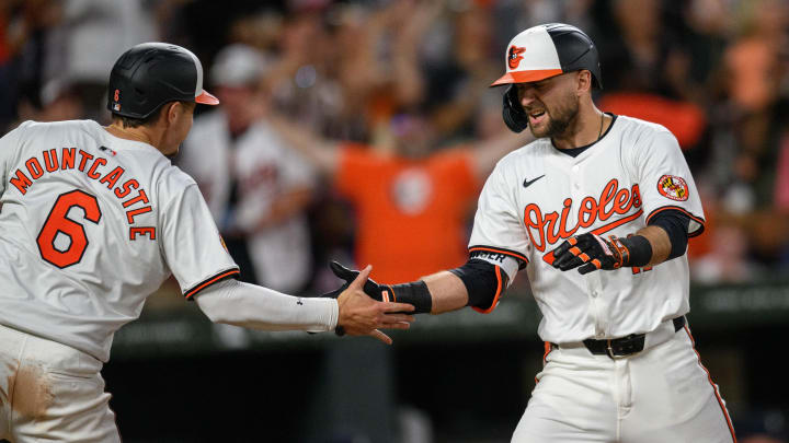 Jun 12, 2024; Baltimore, Maryland, USA; Baltimore Orioles outfielder Colton Cowser (17) celebrates with first base Ryan Mountcastle (6) after hitting a home run during the eighth inning against the Atlanta Braves at Oriole Park at Camden Yards. 