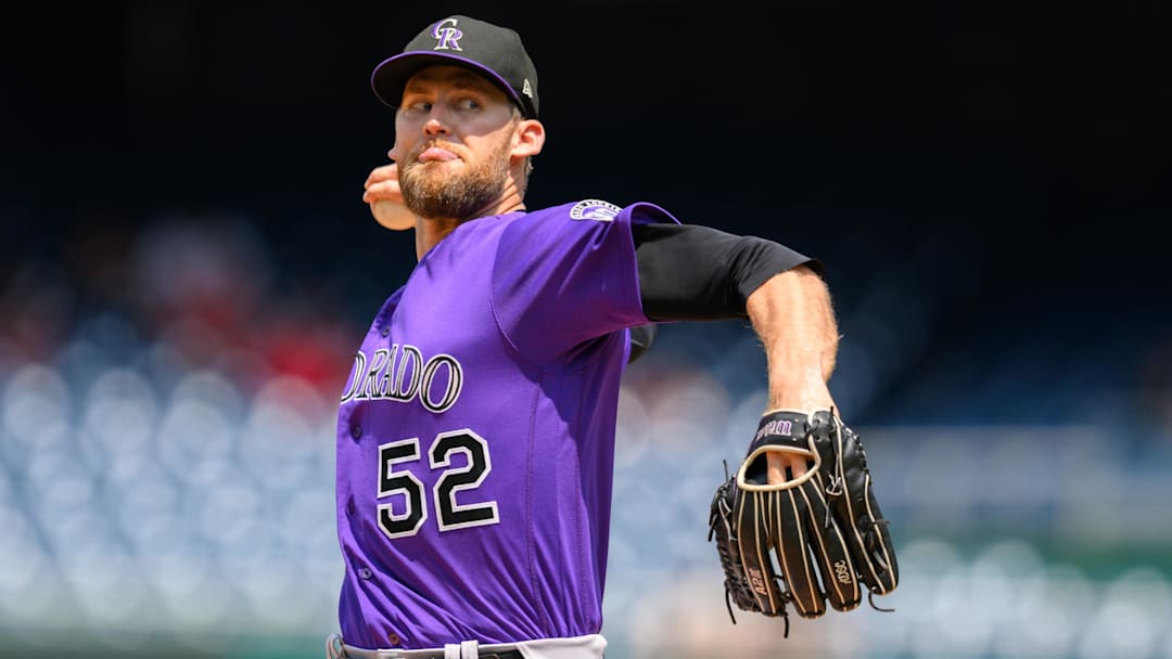 Jul 26, 2023; Washington, District of Columbia, USA; Colorado Rockies relief pitcher Daniel Bard (52) throws a pitch during the ninth inning against the Washington Nationals at Nationals Park. Jul 26, 2023; Washington, District of Columbia, USA; Colorado Rockies relief pitcher Daniel Bard (52) throws a pitch during the ninth inning against the Washington Nationals at Nationals Park.