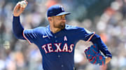 May 11, 2025; Detroit, Michigan, USA; Texas Rangers starting pitcher Nathan Eovaldi (17) throws a pitch against the Detroit Tigers in the first inning at Comerica Park. 