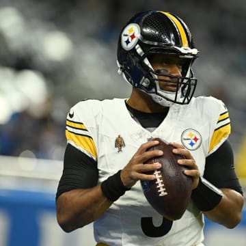 Aug 24, 2024; Detroit, Michigan, USA;  Pittsburgh Steelers quarterback Russell Wilson (3)) warms up before their game against the Detroit Lions at Ford Field. Mandatory Credit: Lon Horwedel-USA TODAY Sports