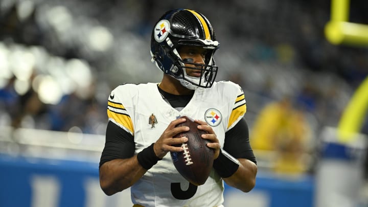 Aug 24, 2024; Detroit, Michigan, USA;  Pittsburgh Steelers quarterback Russell Wilson (3)) warms up before their game against the Detroit Lions at Ford Field. Mandatory Credit: Lon Horwedel-USA TODAY Sports