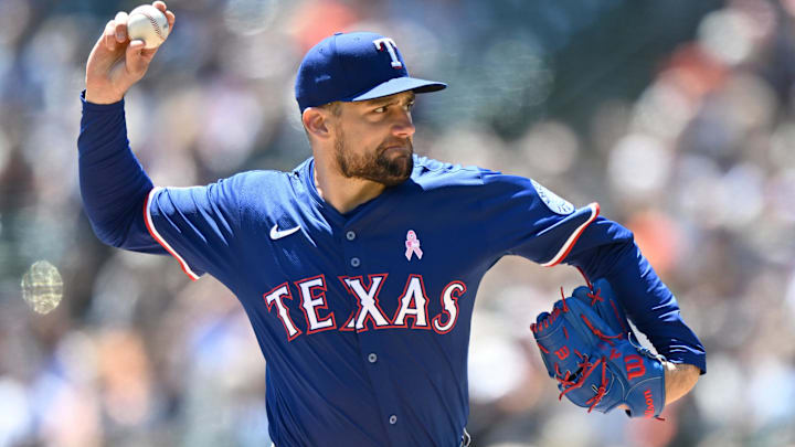 May 11, 2025; Detroit, Michigan, USA; Texas Rangers starting pitcher Nathan Eovaldi (17) throws a pitch against the Detroit Tigers in the first inning at Comerica Park. May 11, 2025; Detroit, Michigan, USA; Texas Rangers starting pitcher Nathan Eovaldi (17) throws a pitch against the Detroit Tigers in the first inning at Comerica Park.