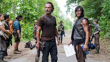 Lauren Cohan as Maggie Greene, Steven Yeun as Glenn Rhee, Josh McDermitt as Dr. Eugene Porter, Christian Serratos as Rosita Espinosa, Andrew Lincoln as Rick Grimes, Sonequa Martin-Green as Sasha, Norman Reedus as Daryl Dixon and Melissa McBride as Carol Peletier - The Walking Dead _ Season 5, Episode 10 - Photo Credit: Gene Page/AMC