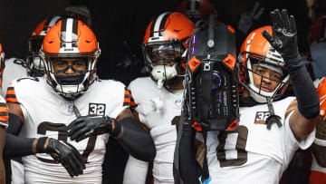 Jan 13, 2024; Houston, Texas, USA; Cleveland Browns cornerback Greg Newsome II (0) and teammates listen to a boom box before playing against the Houston Texans in a 2024 AFC wild card game at NRG Stadium. Mandatory Credit: Thomas Shea-USA TODAY Sports