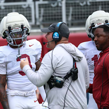 Alabama defensive coordinator talks to defense during first fall scrimmage