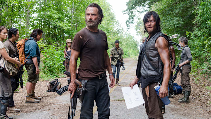 Lauren Cohan as Maggie Greene, Steven Yeun as Glenn Rhee, Josh McDermitt as Dr. Eugene Porter, Christian Serratos as Rosita Espinosa, Andrew Lincoln as Rick Grimes, Sonequa Martin-Green as Sasha, Norman Reedus as Daryl Dixon and Melissa McBride as Carol Peletier - The Walking Dead _ Season 5, Episode 10 - Photo Credit: Gene Page/AMC