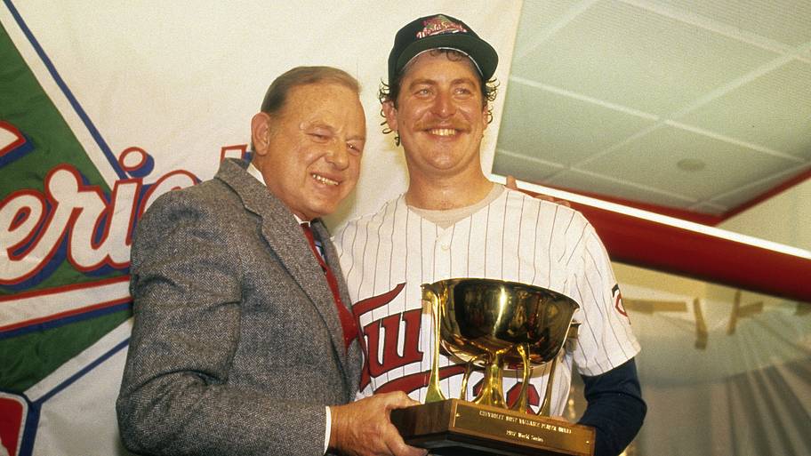 Minnesota Twins pitcher Frank Viola (right) celebrates winning 1987 World Series MVP