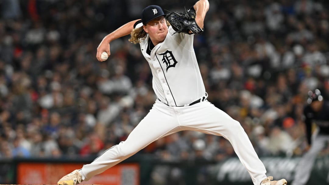 Sep 29, 2023; Detroit, Michigan, USA; Detroit Tigers relief pitcher Trey Wingenter (62) throws a pitch against the Cleveland Guardians in the fifth inning at Comerica Park. Mandatory Credit: Lon Horwedel-USA TODAY Sports