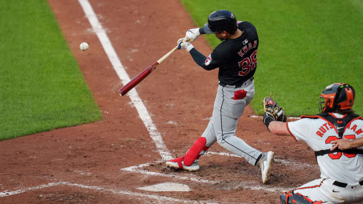 Jun 26, 2024; Baltimore, Maryland, USA; Cleveland Guardians outfielder Steven Kwan (38) at bat during the fourth inning against the Baltimore Orioles at Oriole Park at Camden Yards. Mandatory Credit: Reggie Hildred-USA TODAY Sports