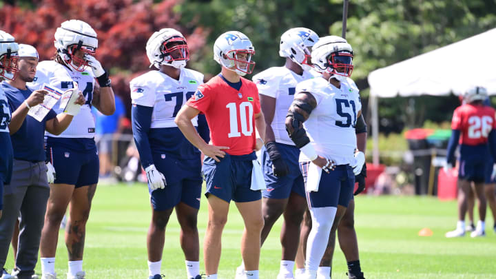 Jul 26, 2024; Foxborough, MA, USA; New England Patriots quarterback Drake Maye (10) waits for a drill to start during training camp at Gillette Stadium. Mandatory Credit: Eric Canha-USA TODAY Sports