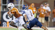 Sep 17, 2022; Austin, Texas, USA; Texas Longhorns wide receiver Xavier Worthy (8) carries the sideline pass as UTSA Roadrunners cornerback Corey Mayfield Jr. (2) defends during the first quarter at Darrell K Royal-Texas Memorial Stadium. Mandatory Credit: John Gutierrez-USA TODAY Sports