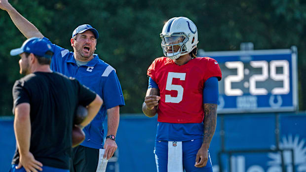 Indianapolis Colts quarterback Anthony Richardson (5) takes a break between plays during day #9 practice of Colts Camp