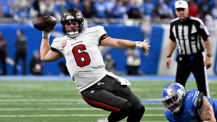 Jan 21, 2024; Detroit, Michigan, USA; Tampa Bay Buccaneers quarterback Baker Mayfield (6) passes the ball against the Detroit Lions during the second half in a 2024 NFC divisional round game at Ford Field. Mandatory Credit: Lon Horwedel-USA TODAY Sports