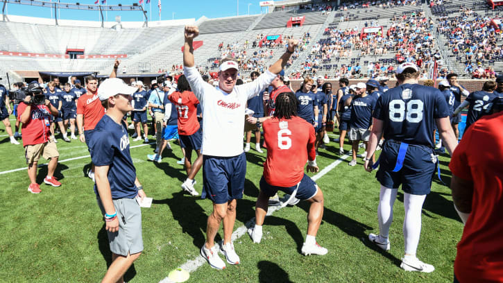 Ole Miss head coach Lane Kiffin reacts during the Ole Miss Grove Bowl Games at Vaught-Hemingway