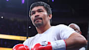 Aug 21, 2021; Las Vegas, Nevada; Manny Pacquiao is pictured before the start of a world welterweight championship bout against Yordenis Ugas at T-Mobile Arena. Mandatory Credit: Stephen R. Sylvanie-Imagn Images