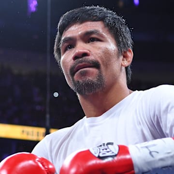 Aug 21, 2021; Las Vegas, Nevada; Manny Pacquiao is pictured before the start of a world welterweight championship bout against Yordenis Ugas at T-Mobile Arena. Mandatory Credit: Stephen R. Sylvanie-Imagn Images