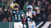 Nov 16, 2025; Philadelphia, Pennsylvania, USA; Philadelphia Eagles wide receiver A.J. Brown (11) reacts after making a catch against Detroit Lions cornerback Rock Ya-Sin (23)  during the first half at Lincoln Financial Field. Mandatory Credit: Bill Streicher-Imagn Images