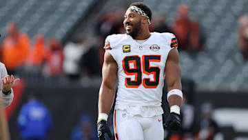 Dec 22, 2024; Cincinnati, Ohio, USA;  Cleveland Browns defensive end Myles Garrett (95) warms up before a game against the Cincinnati Bengals at Paycor Stadium.
