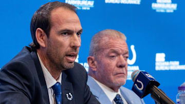 Shane Steichen, left, speaks at a press conference Tuesday, Feb. 14, 2023 announcing that he is the new Indianapolis Colts Head Coach. Colts Owner and CEO Jim Irsay and General Manager Chris Ballard introduced the new coach in the Gridiron Hall of the Indiana Farm Bureau Football Center.