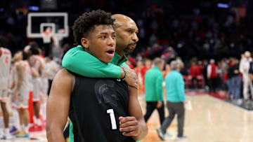 Jan 3, 2025; Columbus, Ohio, USA;  Michigan State Spartans guard Jeremy Fears Jr. (1) celebrates after the game against the Ohio State Buckeyes at Value City Arena. Mandatory Credit: Joseph Maiorana-Imagn Images