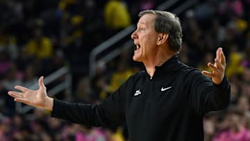 Feb 5, 2025; Ann Arbor, Michigan, USA;  Oregon Ducks head coach Dana Altman reacts from the bench in the first half of their game against the Michigan Wolverines at Crisler Center.
