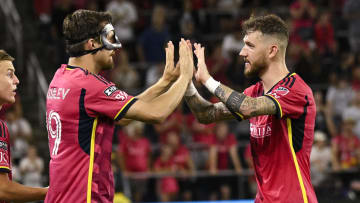 Jul 27, 2024; St. Louis, Missouri, USA; St. Louis CITY SC midfielder Indiana Vassilev (19) and St. Louis CITY SC midfielder Marcel Hartel (17) during the match against FC Dallas at CITYPARK. Mandatory Credit: Scott Rovak-USA TODAY Sports