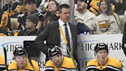 Dec 1, 2022; Pittsburgh, Pennsylvania, USA; Pittsburgh Penguins head coach Mike Sullivan watches the game against the Vegas Golden Knights at PPG Paints Arena. Mandatory Credit: Philip G. Pavely-Imagn Images