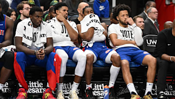 Nov 1, 2024; Detroit, Michigan, USA; Detroit Pistons players, from left, center Jalen Duren, forward Tobias Harris, guard Jaden Ivey and  guard Cade Cunningham : Lon Horwedel-Imagn Images