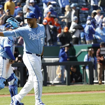 Apr 6, 2025; Kansas City, Missouri, USA; Kansas City Royals pitcher Hunter Harvey (56) celebrate after closing out the game against the Baltimore Orioles at Kauffman Stadium. Mandatory Credit: Gary Rohman-Imagn Images