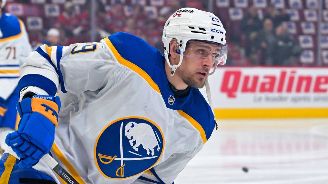 May 10, 2026; Montreal, Quebec, CAN; Buffalo Sabres forward Beck Malenstyn (29) skates during the warmup before game three against the Montreal Canadiens in the second round of the 2026 Stanley Cup Playoffs at the Bell Centre. Mandatory Credit: Eric Bolte-Imagn Images