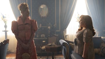 Bridgerton. (L to R) Jessica Madsen as Cressida Cowper, Nicola Coughlan as Penelope Featherington in episode 308 of Bridgerton. Cr. Liam Daniel/Netflix © 2024