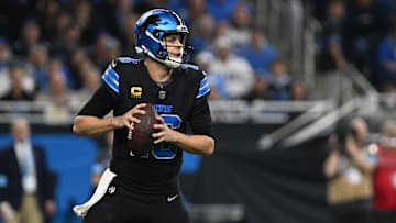 Jan 5, 2025; Detroit, Michigan, USA; Detroit Lions quarterback Jared Goff (16) looks to throw the ball against the Minnesota Vikings in the second quarter at Ford Field. Mandatory Credit: Lon Horwedel-Imagn Images