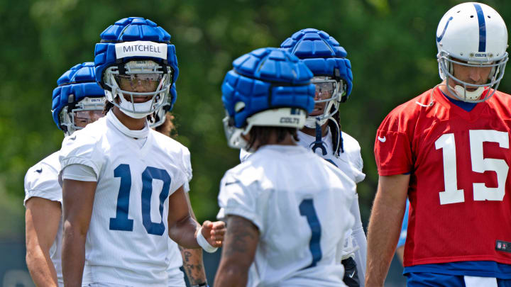 Colts Wide Receiver Adonai Mitchell (10) readies for a drill during Indianapolis Colts minicamp practice Tuesday, June 4, 2024 at the Indiana Farm Bureau Football Center.