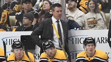 Mike Sullivan behind the Penguins' bench; Mandatory Credit: Philip G. Pavely-Imagn Images