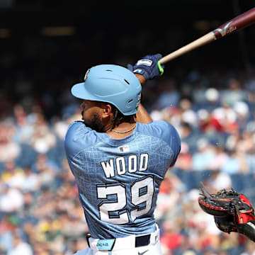 Jul 5, 2025; Washington, District of Columbia, USA; Washington Nationals outfielder James Wood (29)