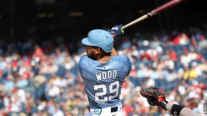 Jul 5, 2025; Washington, District of Columbia, USA; Washington Nationals outfielder James Wood (29) Jul 5, 2025; Washington, District of Columbia, USA; Washington Nationals outfielder James Wood (29)