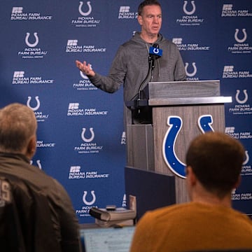 New Indianapolis Colts Defensive Coordinator Lou Anarumo speaks during a press conference Thursday, Jan. 23, 2025 at the Colts practice facility, the Indiana Farm Bureau Football Center.