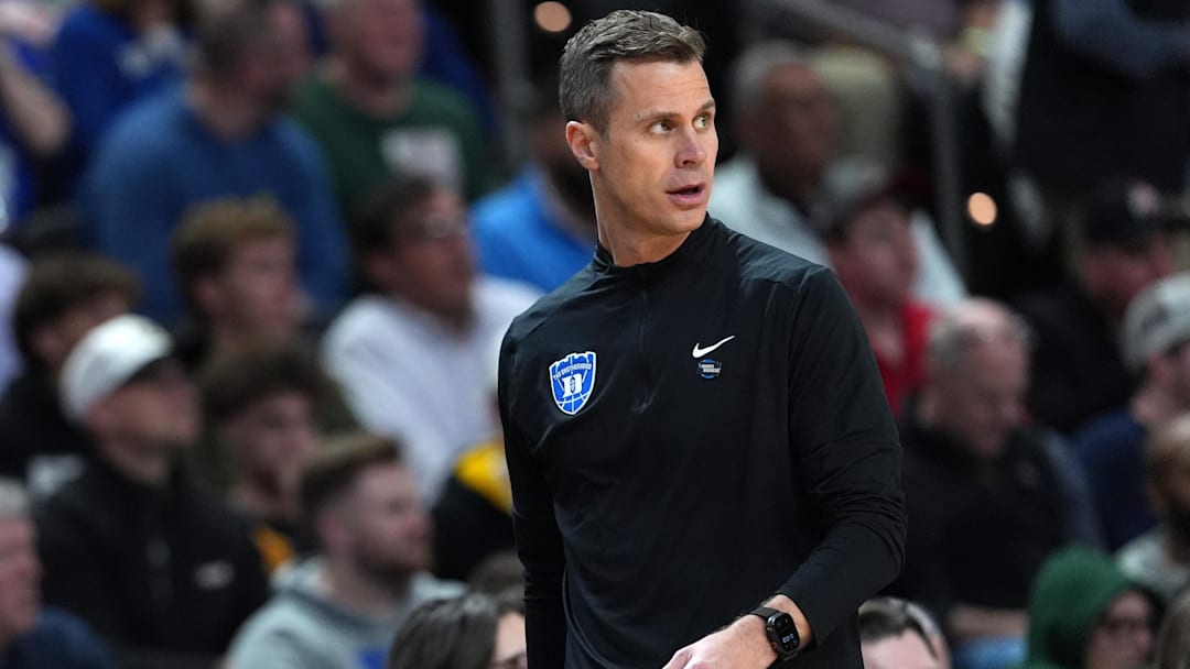 Mar 19, 2026; Greenville, SC, USA; Duke Blue Devils head coach Jon Scheyer in the first half during a first round game of the men's 2026 NCAA Tournament at Bon Secours Wellness Arena. Mandatory Credit: Jim Dedmon-Imagn Images