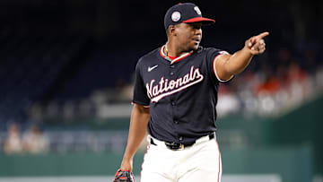 Sep 2, 2025; Washington, District of Columbia, USA; Washington Nationals pitcher Jose A. Ferrer (47) celebrates after a game against the Miami Marlins at Nationals Park.