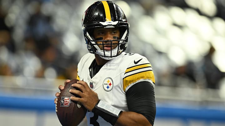 Aug 24, 2024; Detroit, Michigan, USA;  Pittsburgh Steelers quarterback Russell Wilson (3) warms up before their game against the Detroit Lions at Ford Field. Mandatory Credit: Lon Horwedel-Imagn Images