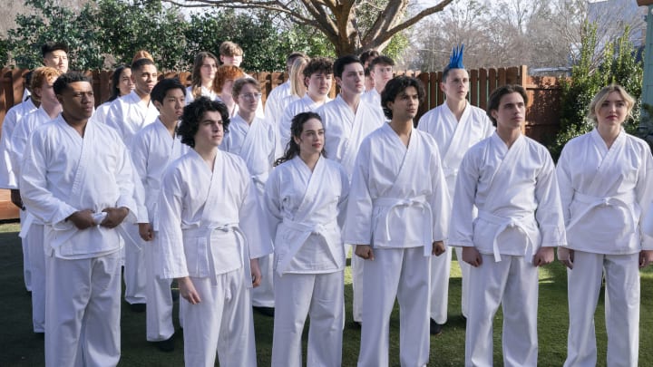 The students of Miyagi-Do lined up and ready to train in Cobra Kai season 6 