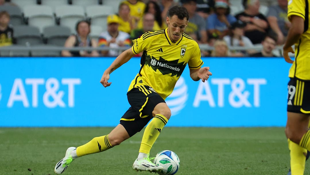 Jun 29, 2025; Columbus, Ohio, USA;  Columbus Crew midfielder Daniel Gazdag (8) takes the ball upfield during the second half against the Philadelphia Union at Lower.com Field. Mandatory Credit: Joseph Maiorana-Imagn Images
