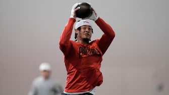 Ohio State Buckeyes wide receiver Jaxon Smith-Njigba  catches a ball during Ohio State football   s pro day at the Woody Hayes Athletic Center in Columbus on March 22, 2023.

Football Ceb Osufb Pro Day