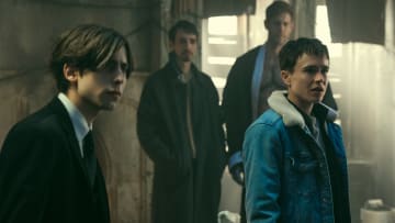 The Umbrella Academy. (L to R) Aidan Gallagher as Number Five, Robert Sheehan as Klaus Hargreeves, Tom Hopper as Luther Hargreeves, Elliot Page as Viktor Hargreeves in episode 402 of The Umbrella Academy. Cr. Christos Kalohoridis/Netflix © 2024