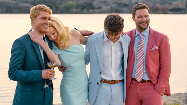 The Perfect Couple. (L to R) Billy Howle as Benji Winbury, Nicole Kidman as Greer Winbury, Sam Nivola as Will Winbury, Jack Reynor as Thomas Winbury in episode 101 of The Perfect Couple. Cr. Hilary Bronwyn Gayle/Netflix © 2024